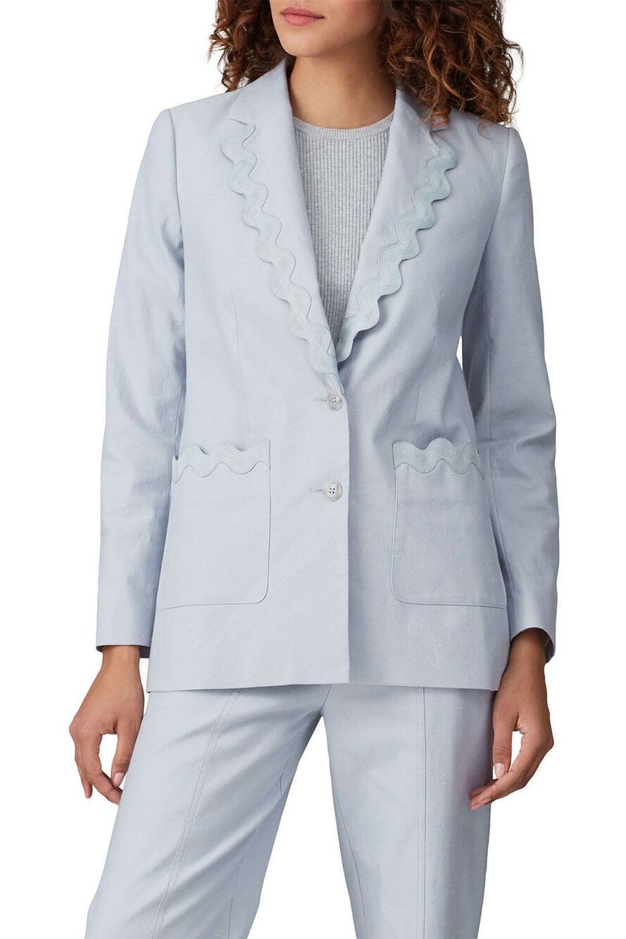 REBECCA TAYLOR Light Blue 70s Rickrack Trim Double Breasted Slub Jacket Blazer 8